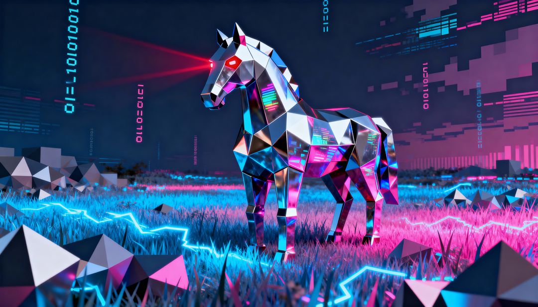 Faceted cyberpunk horse sculpture emitting red laser eyes on neon low-poly digital plain