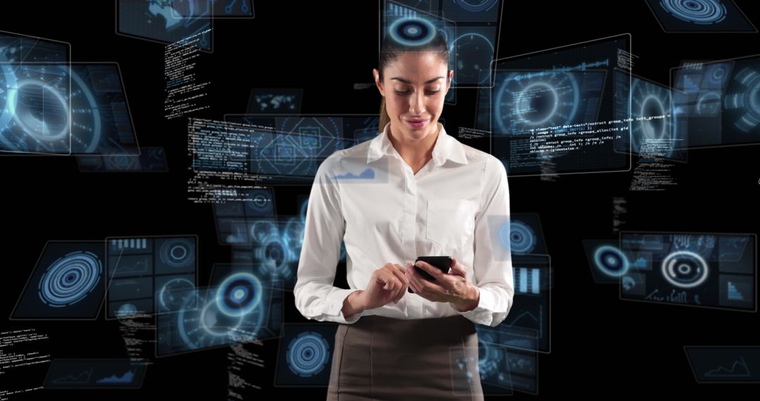 Businesswoman Using Smartphone with Digital Data Portals