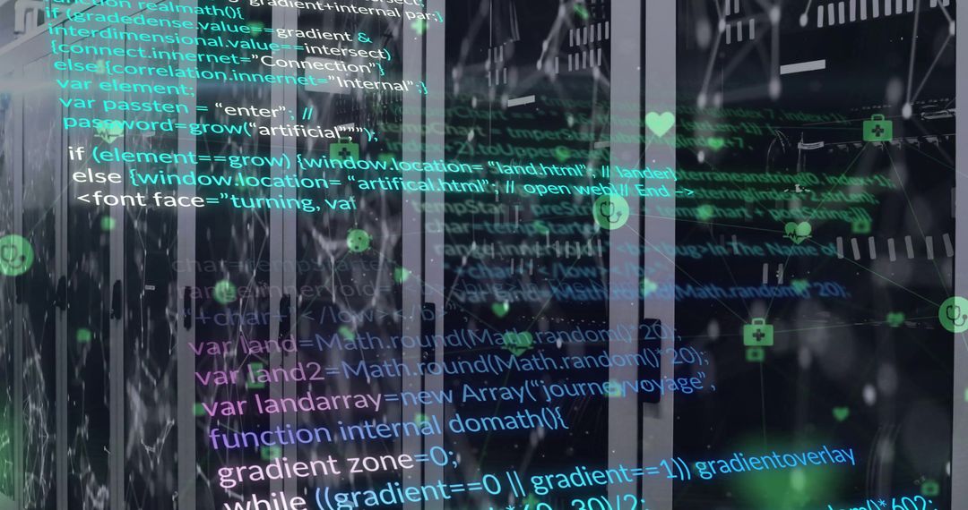 Futuristic Digital Programming Interface Overlay on Server Room