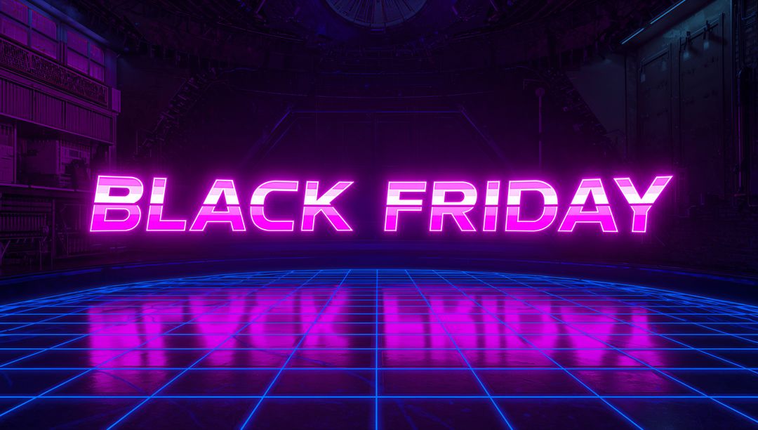 Glowing RetroFuturistic Neon BLACK FRIDAY Sign Hovering Above Reflective Blue Grid