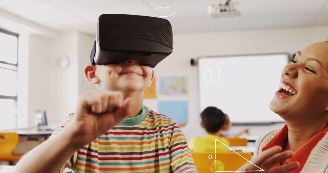 Caucasian Boy Experiencing Virtual Reality in Classroom