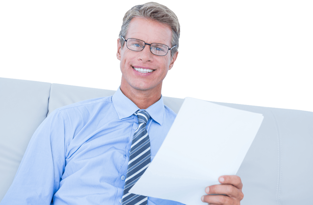 Successful Businessman Holding Transparent Document Smiling