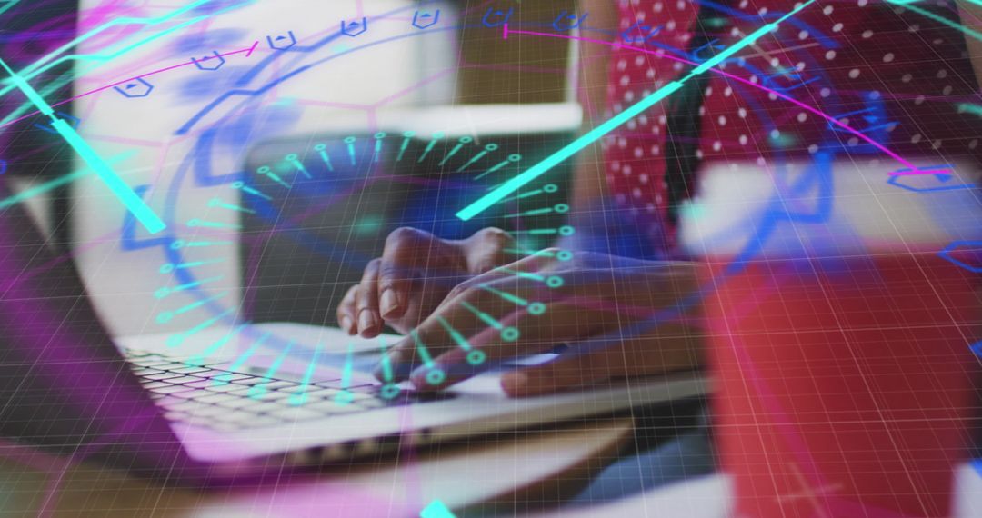 Woman Using Laptop with Digital Interface Overlays