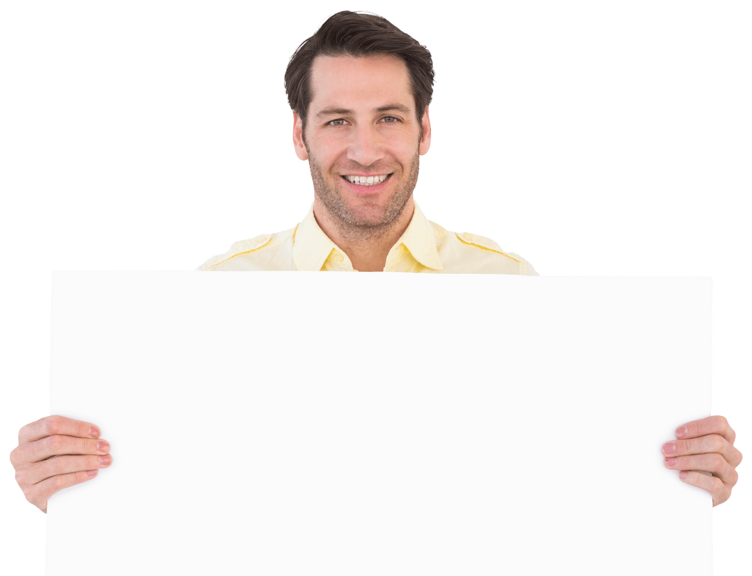 Smiling Man Holding Large Blank Transparent Poster
