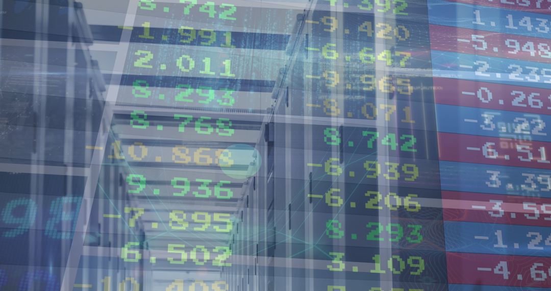 Stock Exchange Figures Overlaid on Data Center Servers