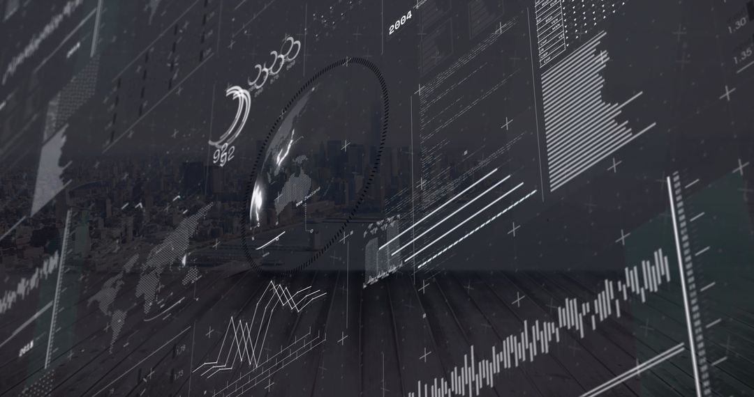 Futuristic Data Visualization with Glass Sphere and Cityscape