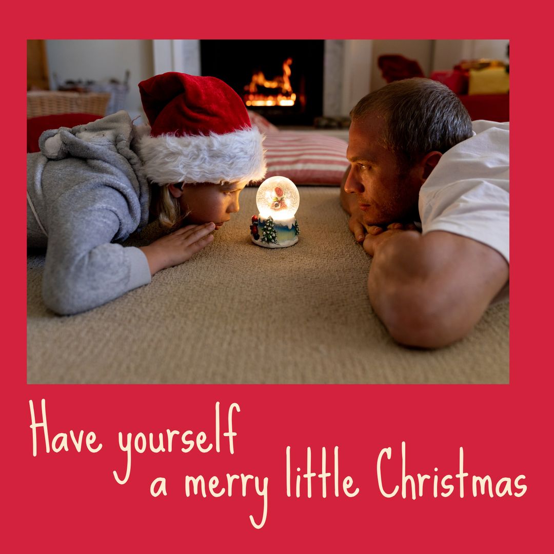 Father and Son Celebrating Cozy Christmas with Snow Globe