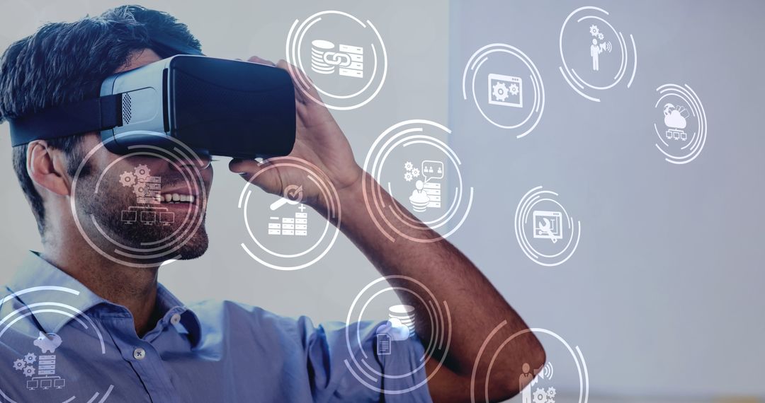 Business Professional Exploring Virtual Reality with Tech Icons