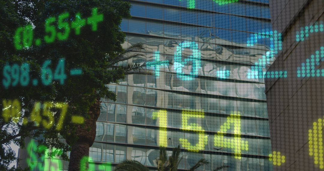 Digital Financial Data Overlaying Cityscape Reflections on Glass