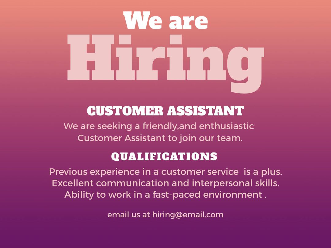 We Are Hiring Customer Assistant Announcement with Qualifications - Download Free Stock Templates Pikwizard.com