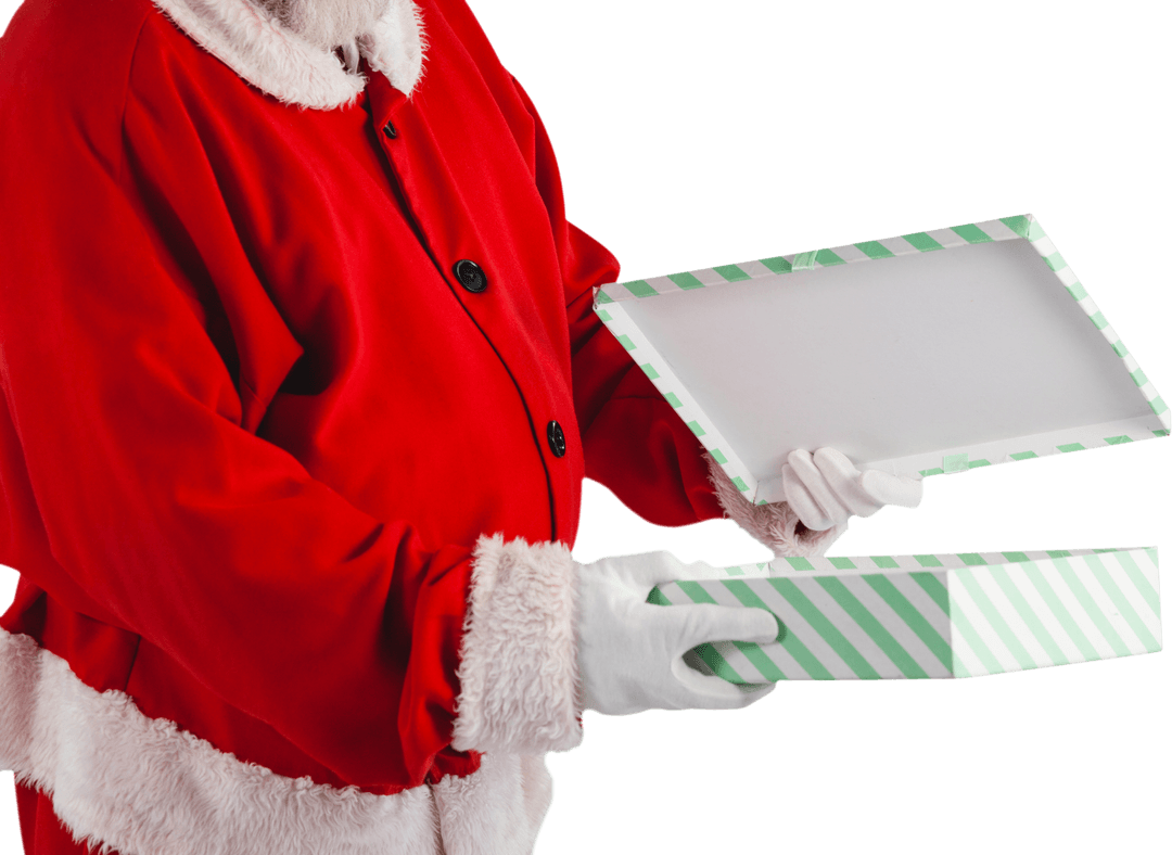 Santa Claus Opening Empty Gift Box with Transparent Background