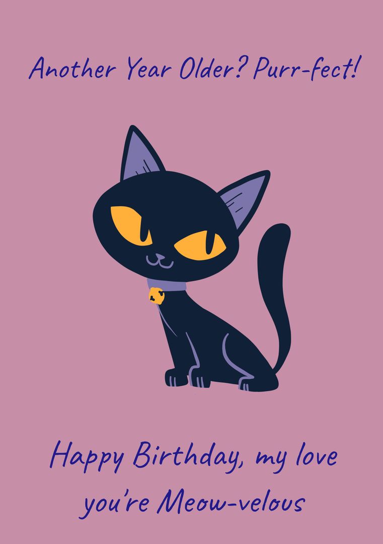 Happy Birthday Cat-Themed Card with Cute Black Cat Art - Download Free Stock Templates Pikwizard.com