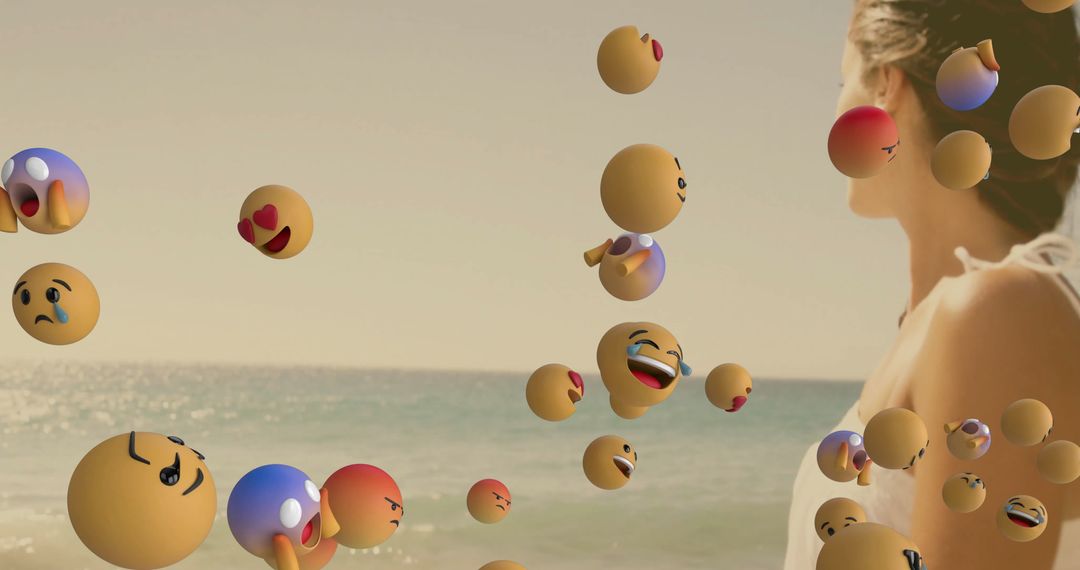 Woman Enjoying Seaside Breeze with Playful 3D Emoticons