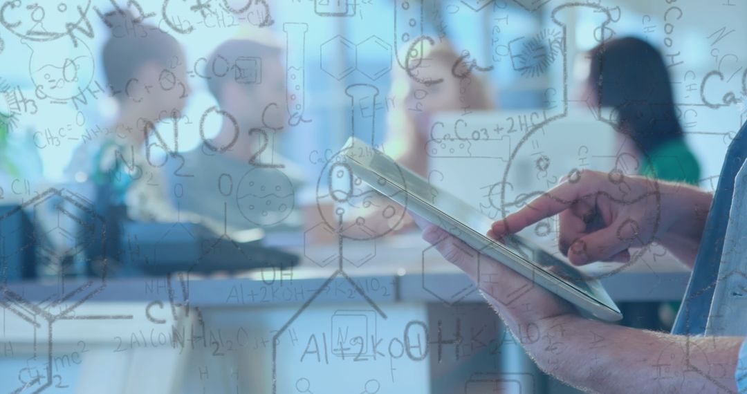 Man Using Tablet with Superimposed Chemistry Formulas in Blurred Lab