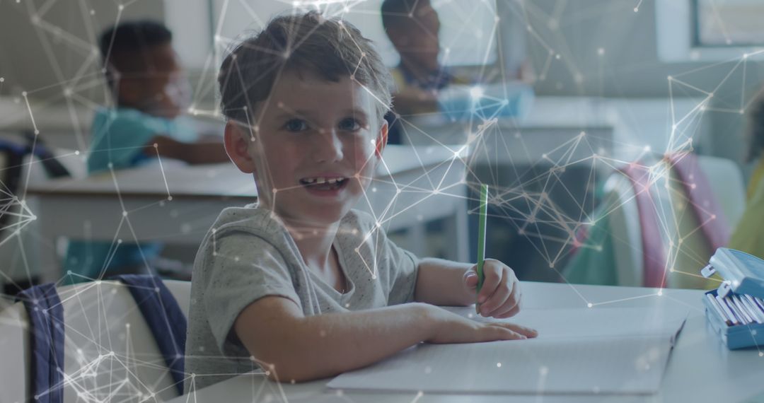Happy Schoolboy in Classroom with Digital Network Overlay