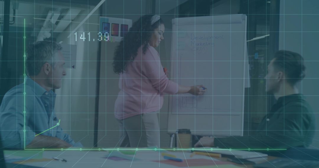 Presenting Team Collaborating Around Flip Chart with Data Overlay and Financial Analytics
