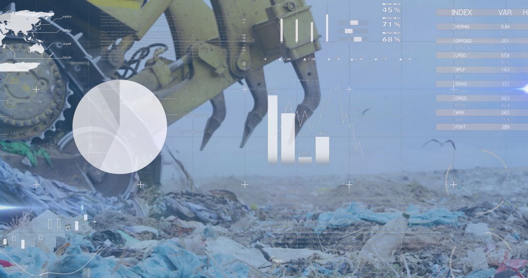 Excavator Claw removing Plastic Waste with Data Overlays at Landfill