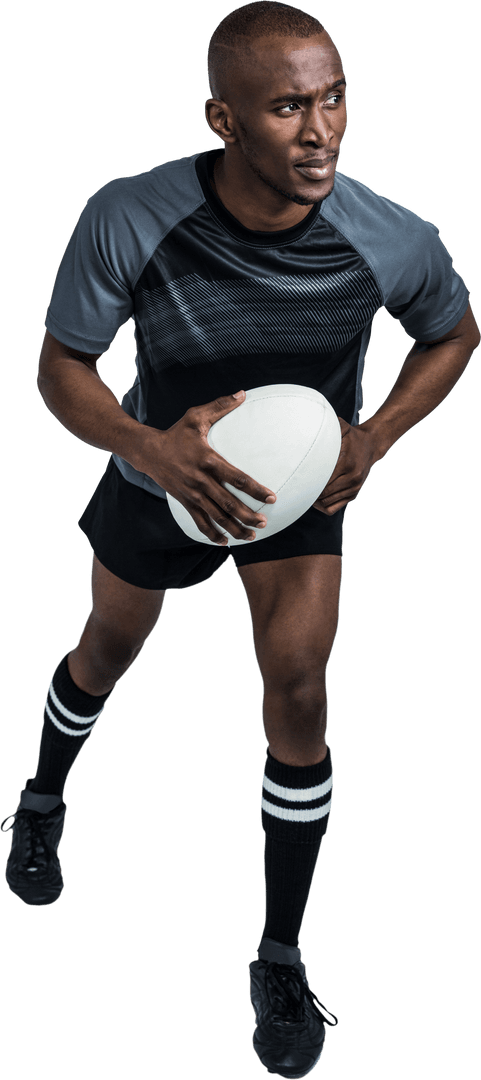 Confident Rugby Player Running Holding Ball on Transparent Background