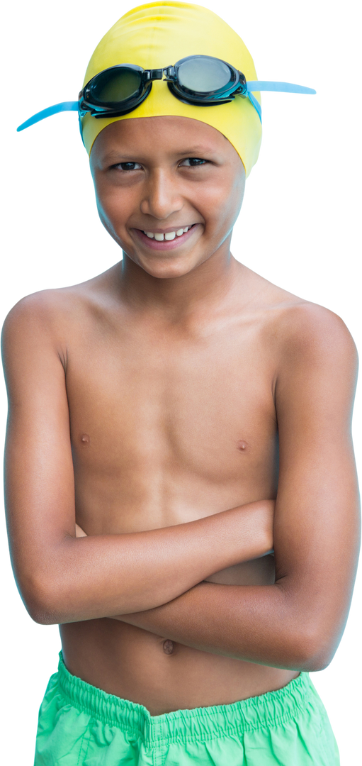 Transparent isolated portrait boy with swimming cap smiling arms crossed - Download Free Stock Images Pikwizard.com