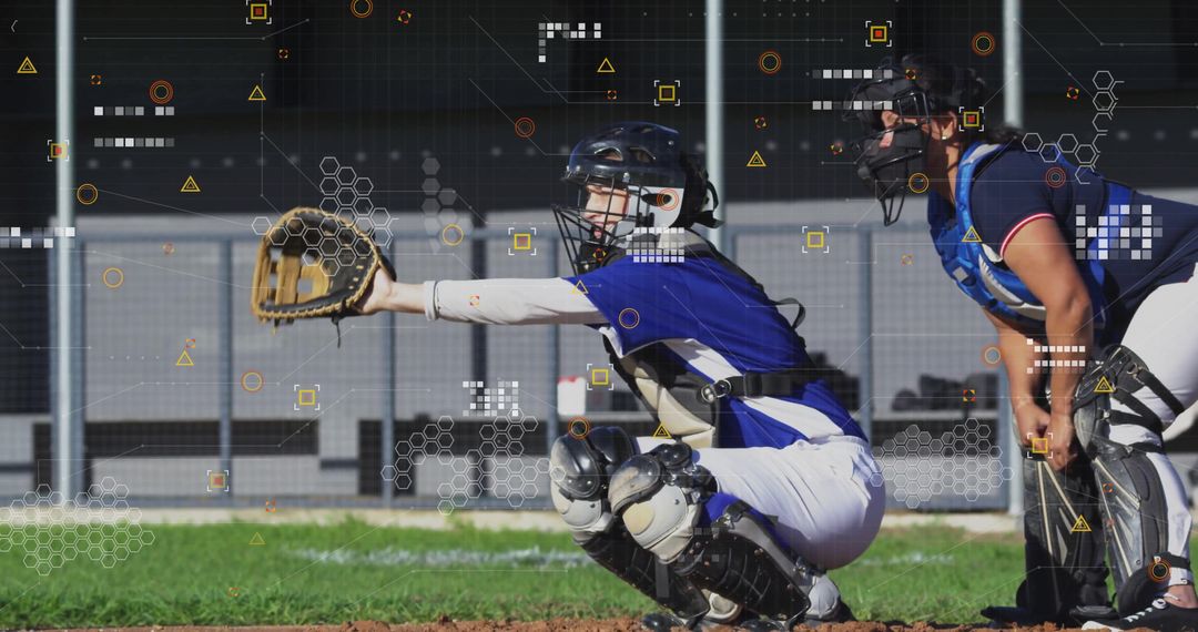 Dynamic Female Catcher in Action at Ballpark with Digital Overlays