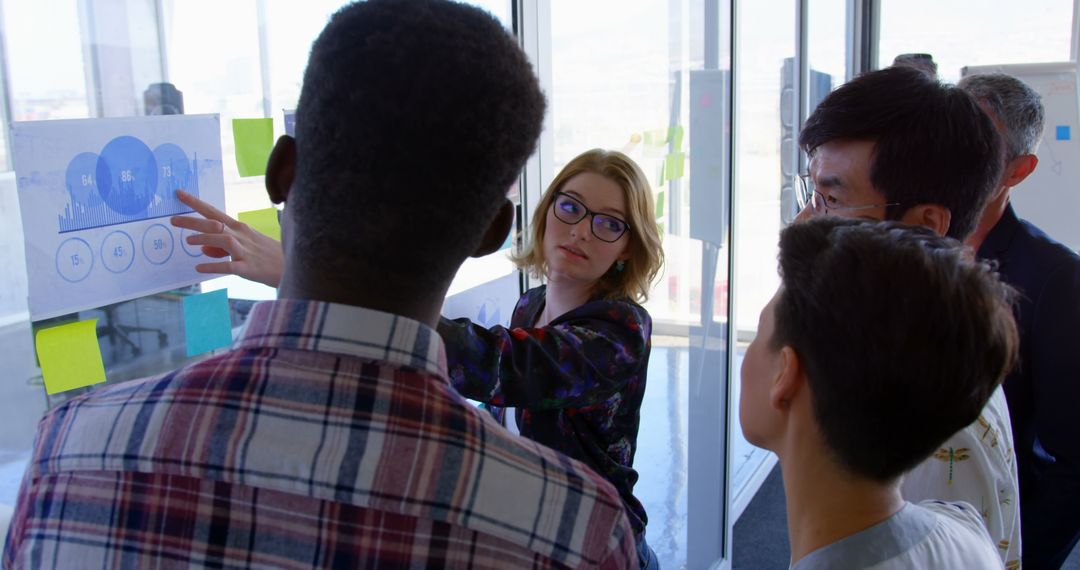 Colleagues Sharing Business Ideas with Charts and Sticky Notes in Modern Office