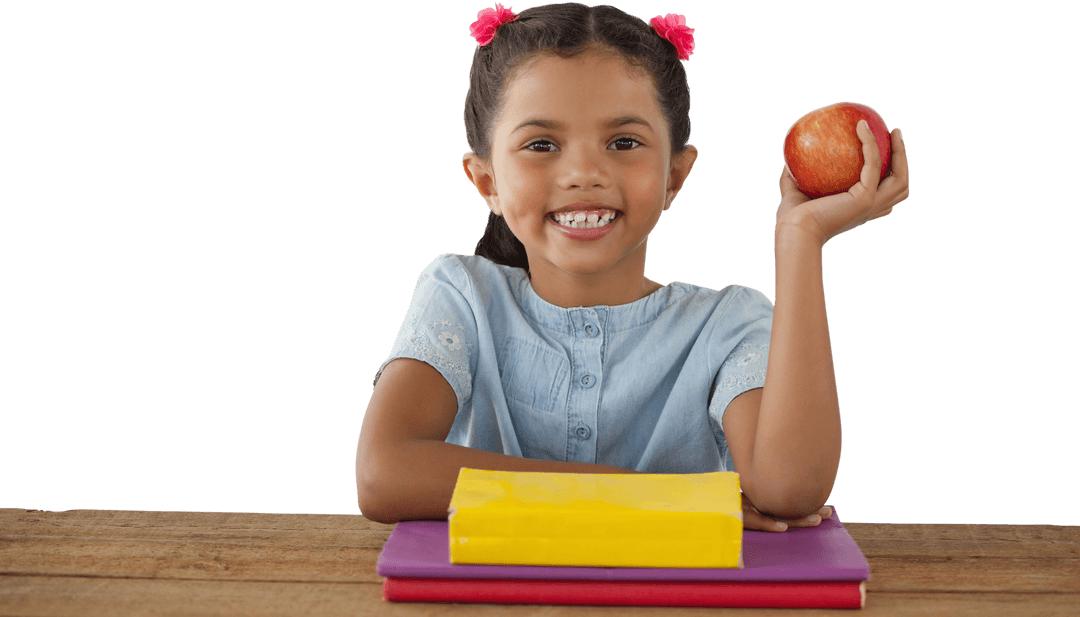 Smiling Girl Holding Apple at Desk with Transparent Background