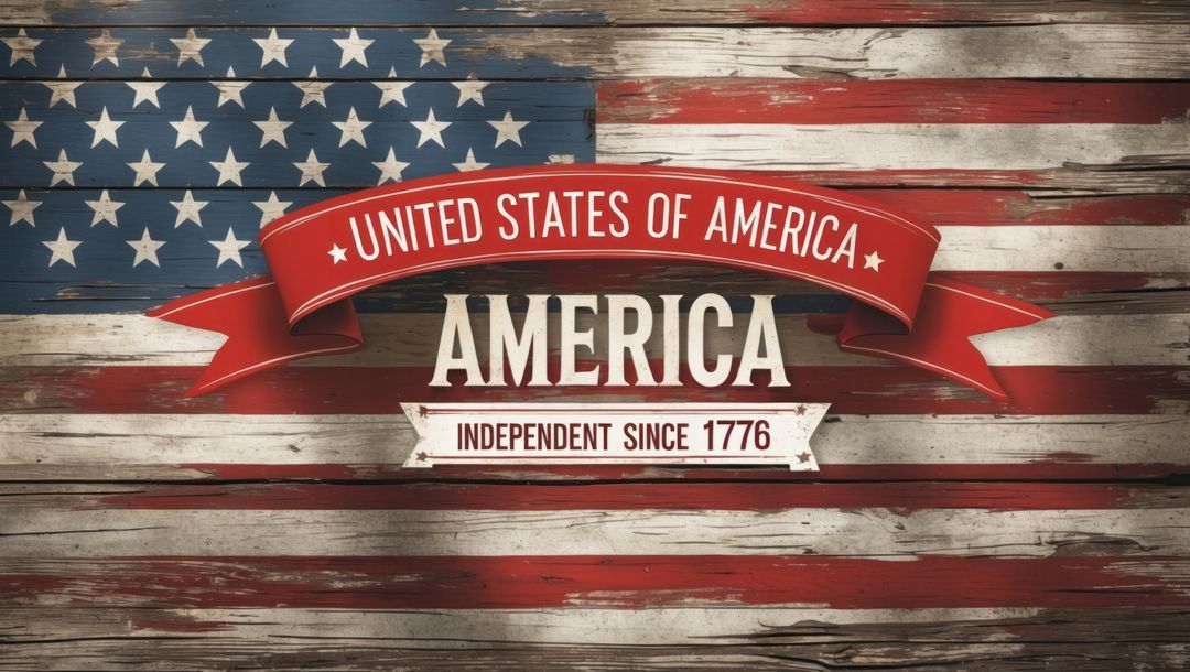 Rustic American Flag with Vintage Patriotic Ribbon and Banner