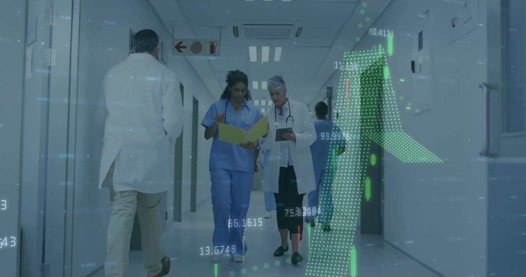 Medical team walking corridor consulting tablet and chart with health data visualization