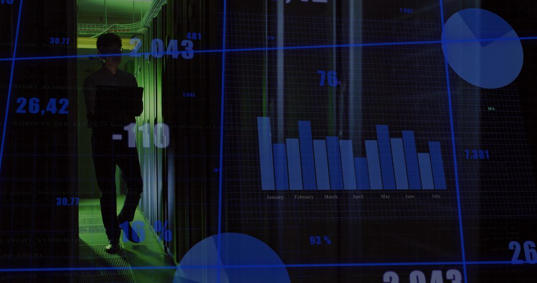 Technician Walking in Data Center with Digital Overlay