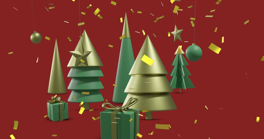 Festive Christmas Trees with Falling Confetti on Red Background