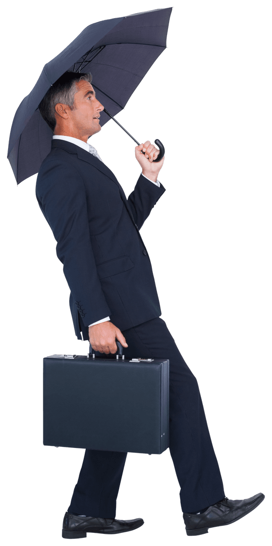 Confident Businessman Walking with Umbrella on Transparent Background
