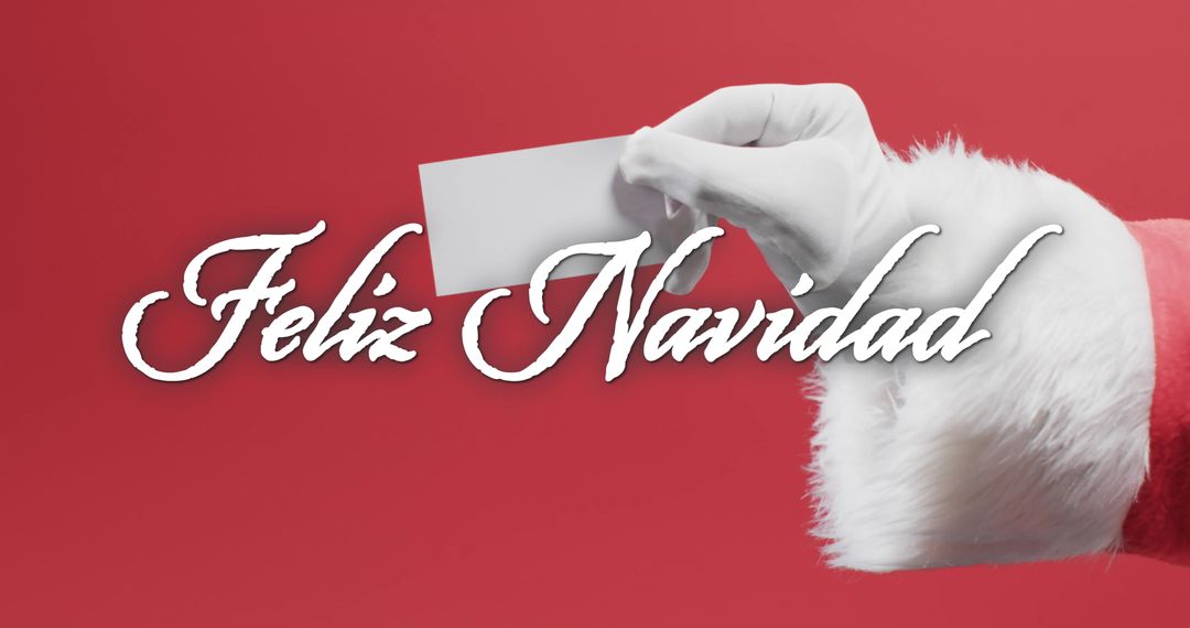 Santa Claus Hand with Blank Card and Feliz Navidad Message