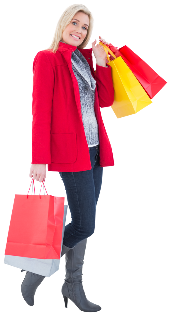 Happy Blonde Holding Shopping Bags in Winter Clothes Transparent - Download Free Stock Images Pikwizard.com