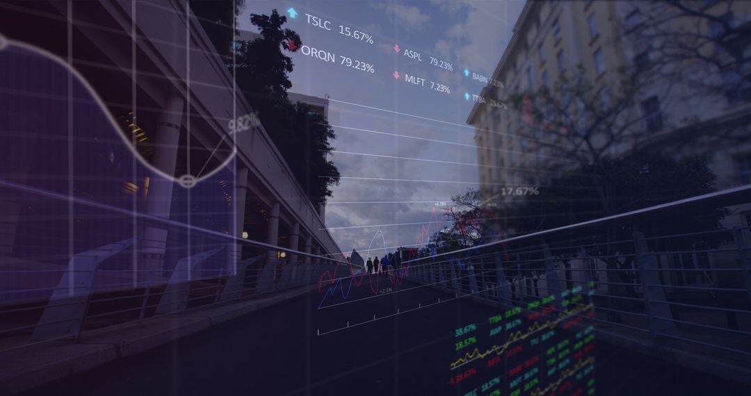 Financial Data Processing Overlayed on Urban Cityscape for Global Trade