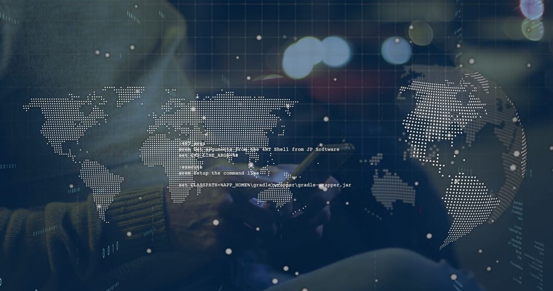 Person Typing at Phone with Digital World Map Background