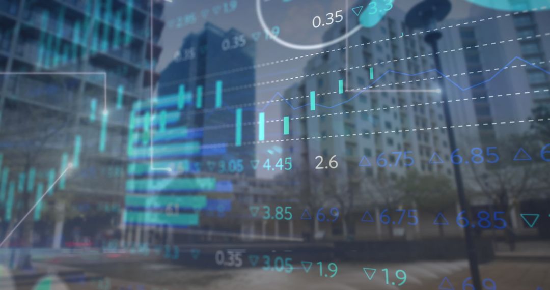 Financial Data Analytics Overlay on Modern Cityscape