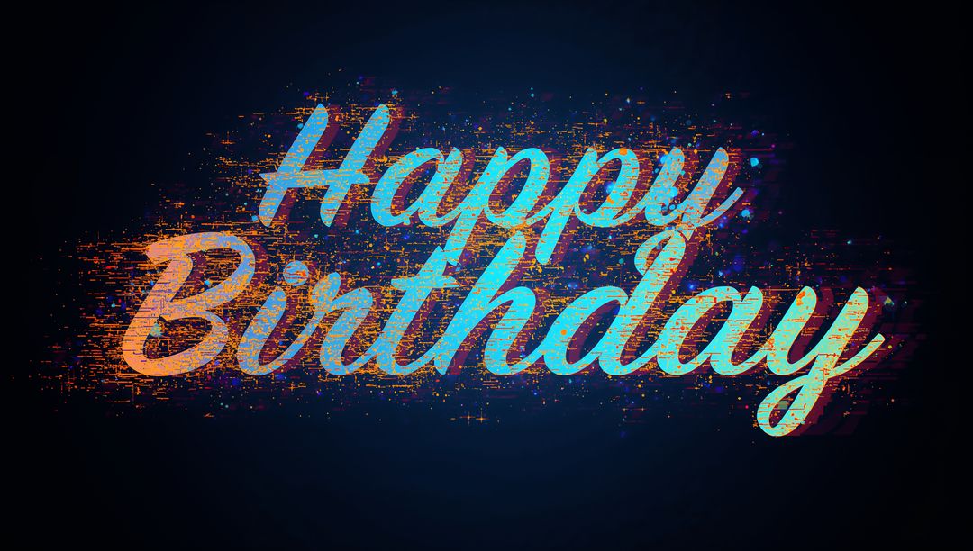 Glowing Happy Birthday Script Sparkling with Neon Glitch and Multicolor Pixel Gradient
