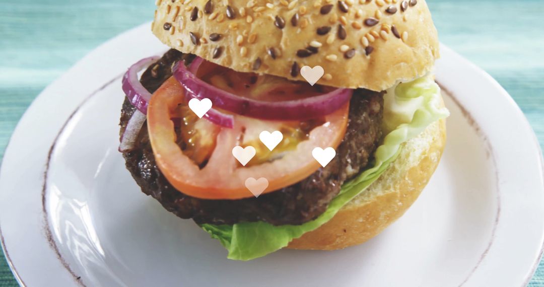 Delicious Cheesy Burger with Fresh Vegetables and Love Hearts
