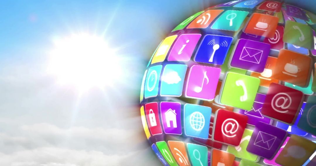 Globe of Digital Media Icons Against Bright Sun