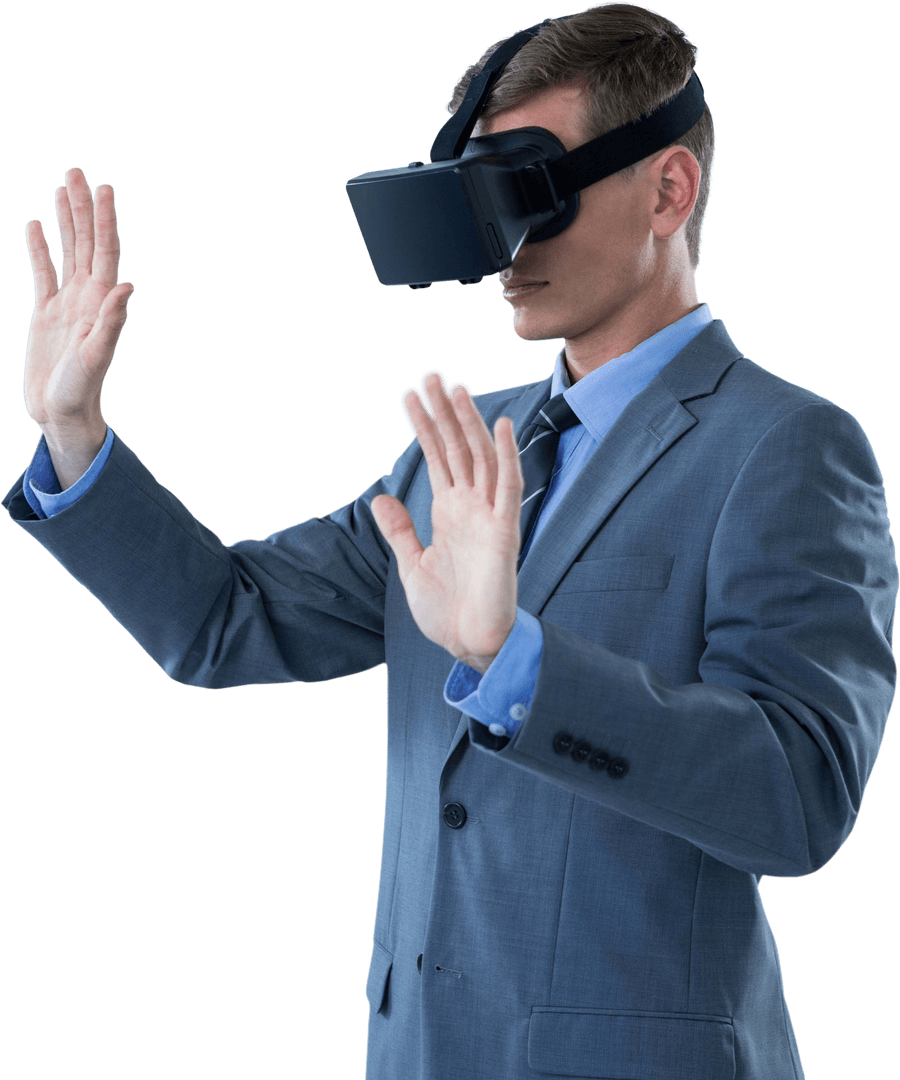 Businessman Engaging with Virtual Reality World Transparent Background