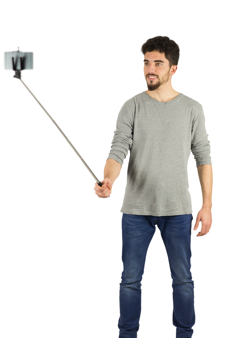 Transparent Casual Man Using Selfie Stick Shot in Studio - Download Free Stock Images Pikwizard.com