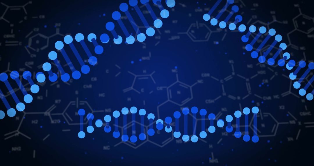 Abstract DNA Double Helix on Dark Blue Background with Molecular Structure