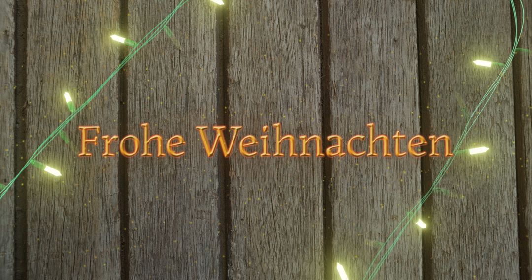 Frohe Weihnachten Text with Festive Fairy Lights on Wooden Background