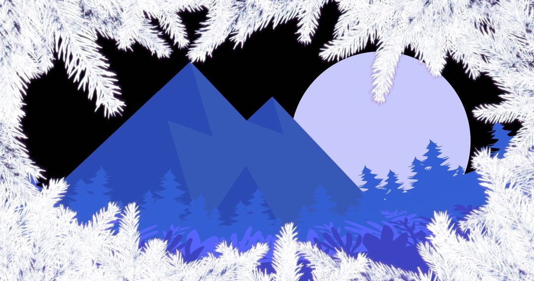 Winter Mountain Scene Framed by Snowy Fir Branches with Full Moon
