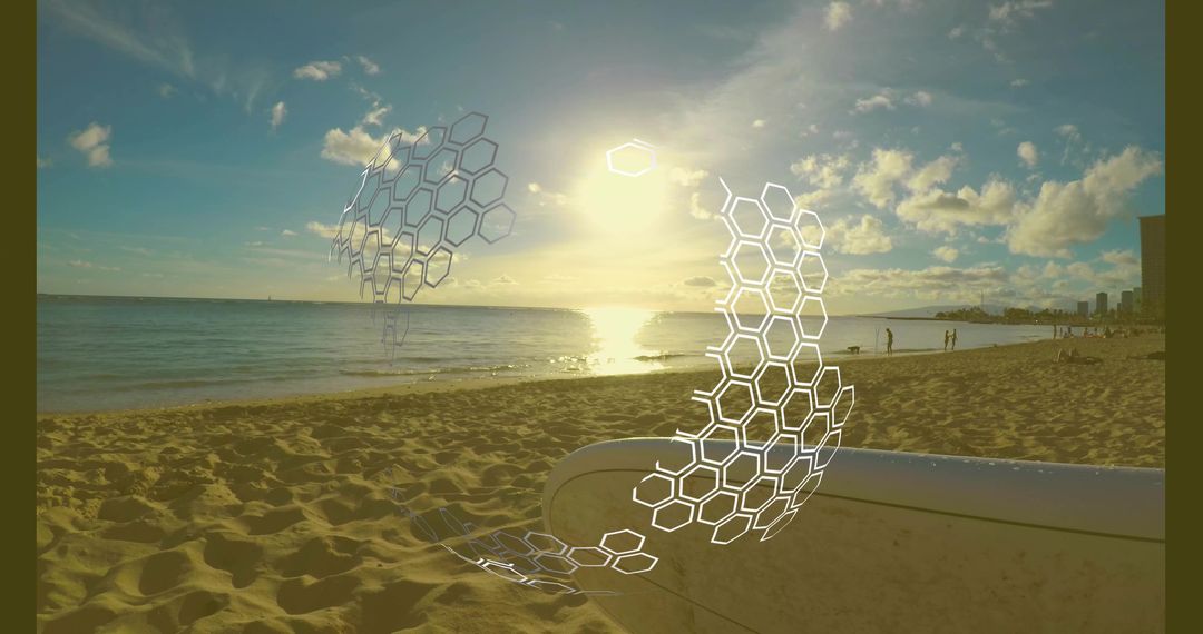 Hexagonal Overlay on Surfboard by Tranquil Beach at Sunset