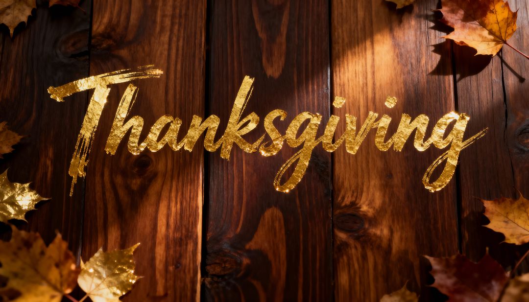 Shining Gold Thanksgiving Script on Rustic Wooden Planks with Autumn Leaves