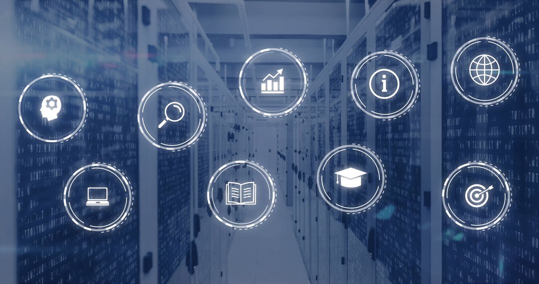 Digital Cybersecurity Icons on Server Background