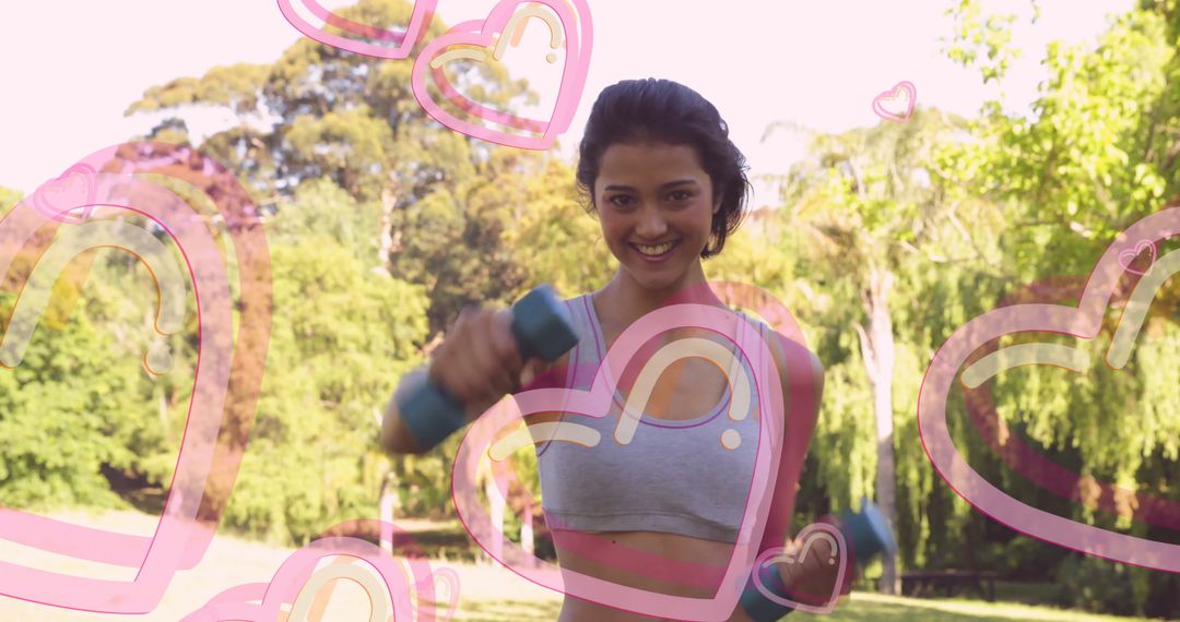 Asian Woman Boosting Motivation Exercising in Park with Dumbbells