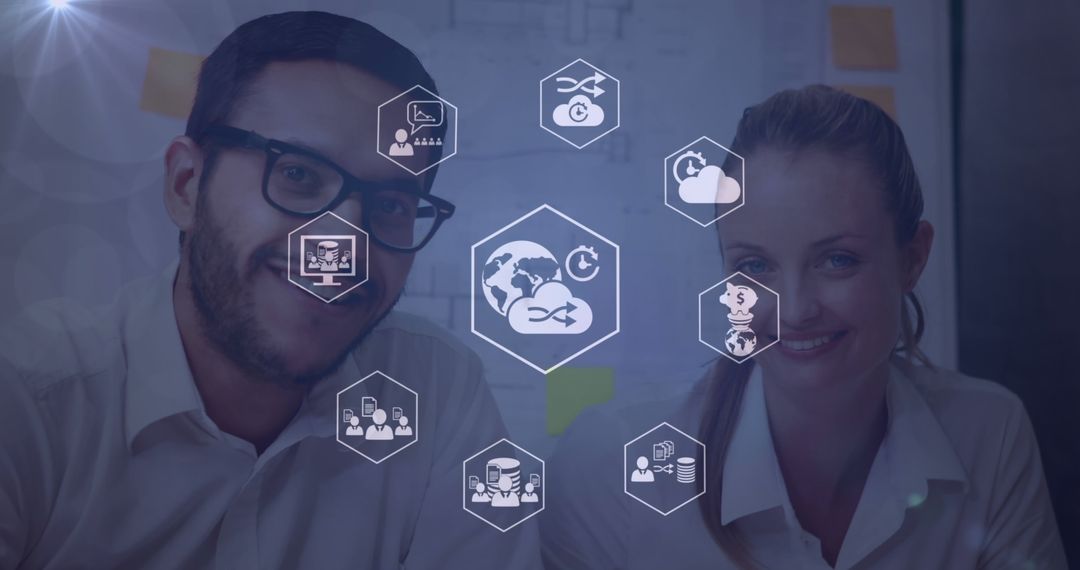 Business Professionals Analyzing Data with Digital Icons Overlay