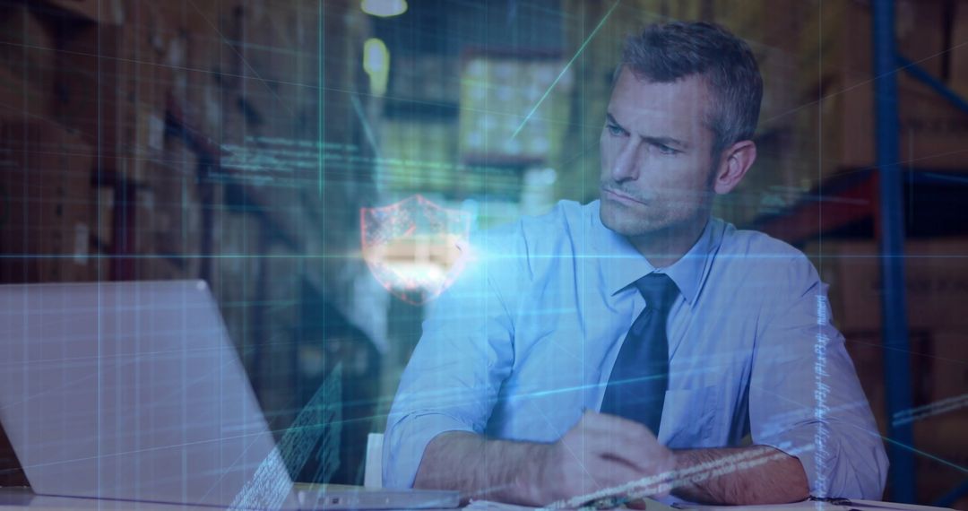 Focused Professional Analyzing Data in Warehouse with Overlayed Technology Graphics